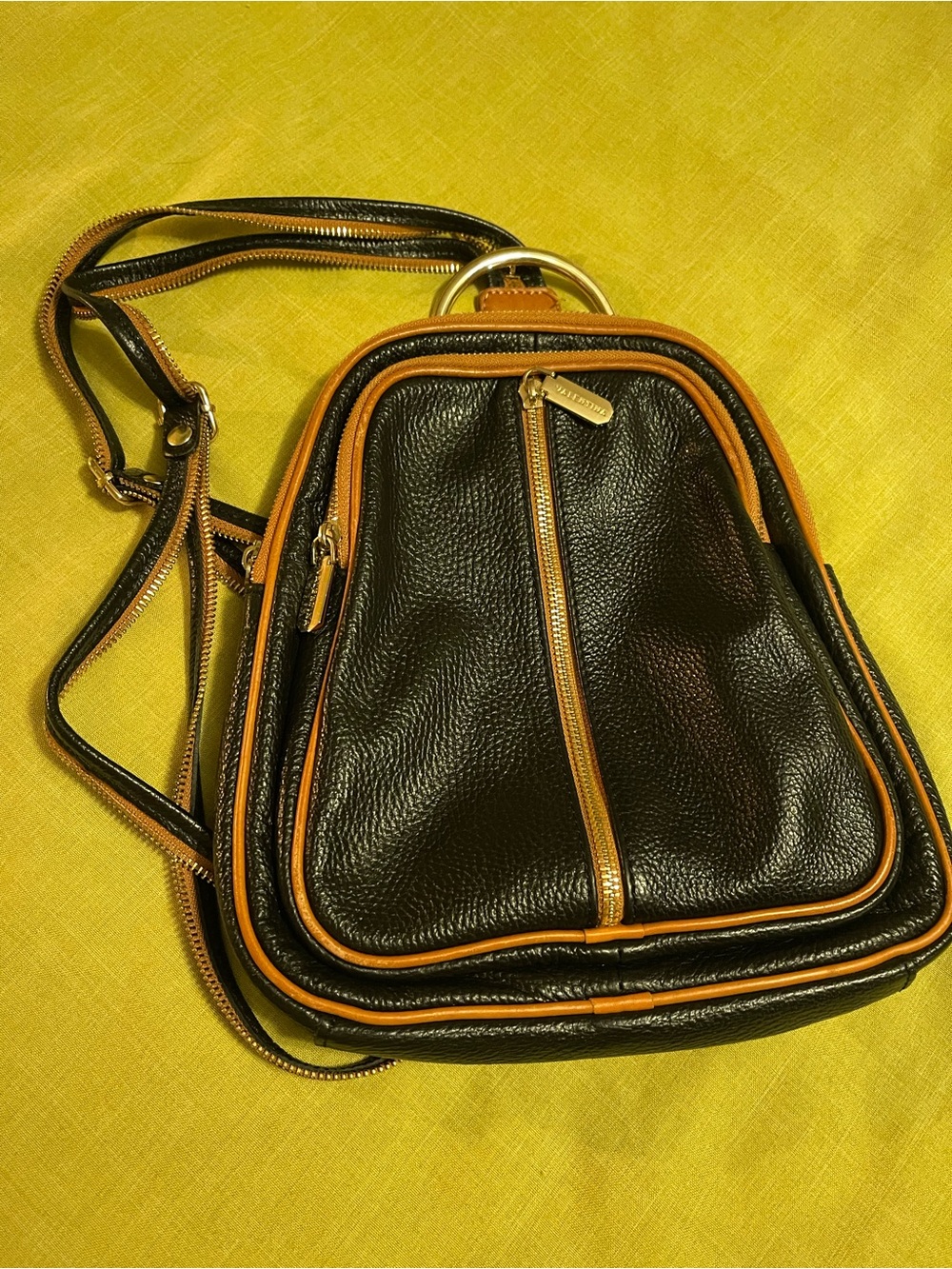 Leather Crossbody Backpack - Black with Tan Trim